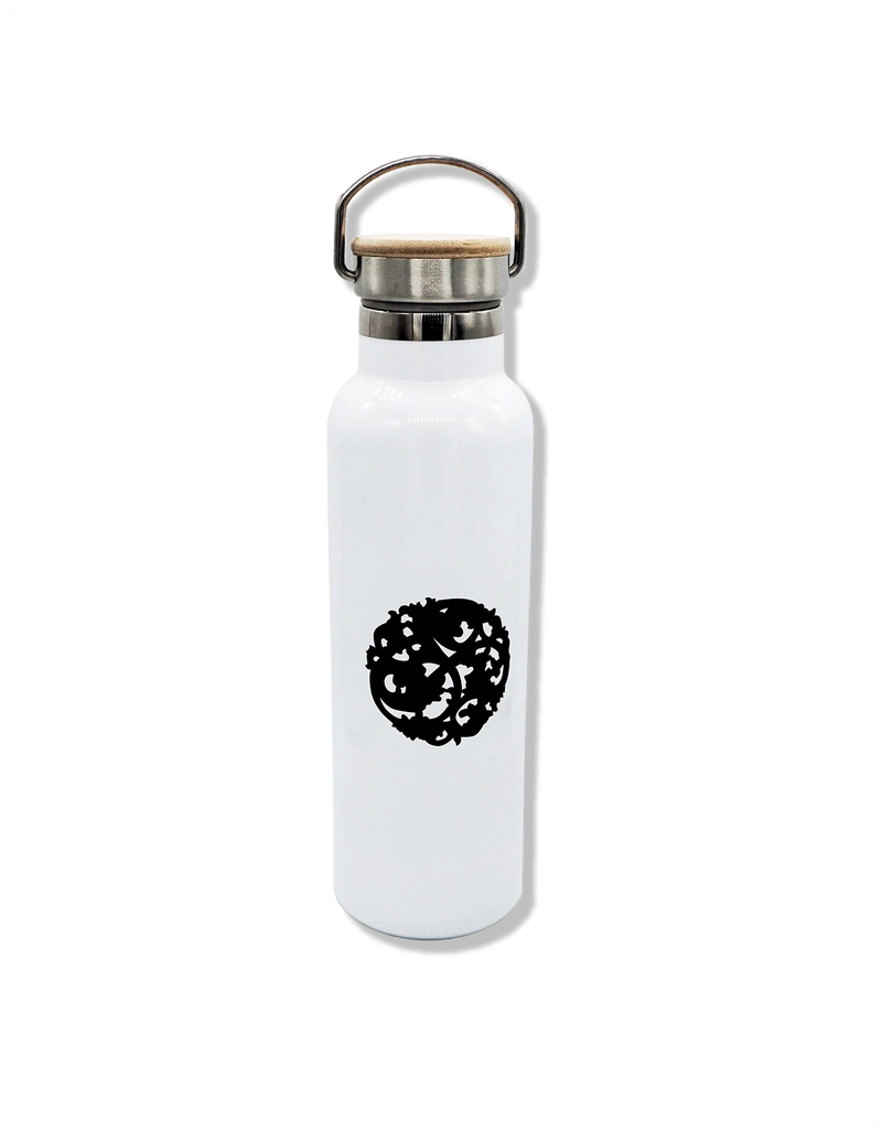 Nazarian swag stainless steel insulated bottle in white with black logo, metal handle, and bamboo-look cap detail.