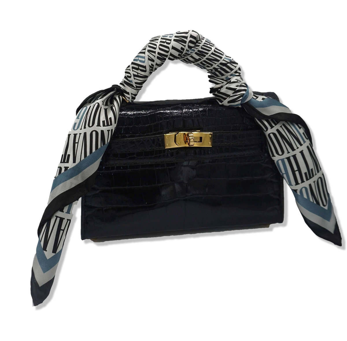 Nazarian ThinkBIG silk scarf tied around a black handbag handle with bold logo print and blue border detail