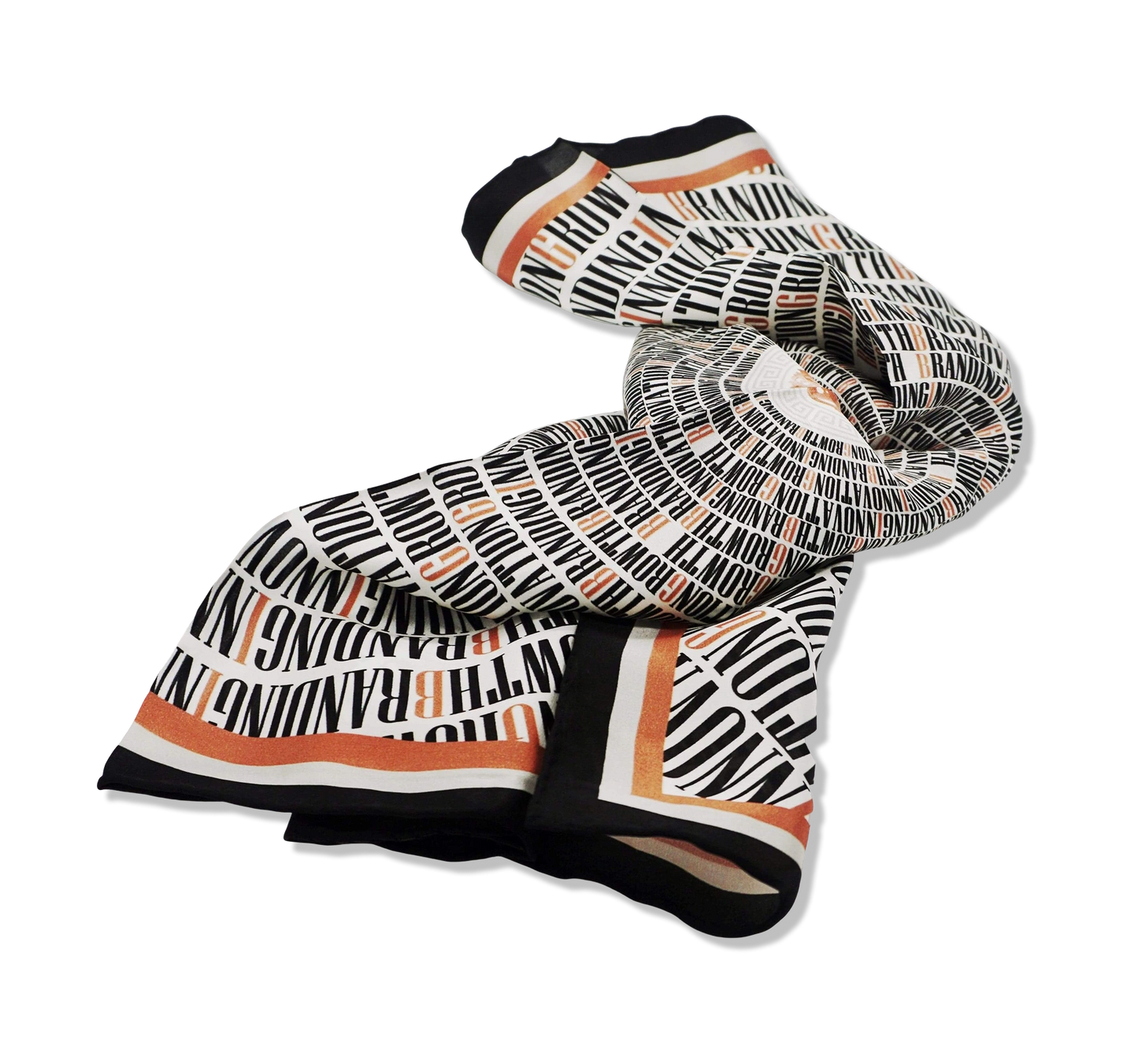 Nazarian ThinkBIG silk scarf folded with black, white, and copper typography print on a clean background