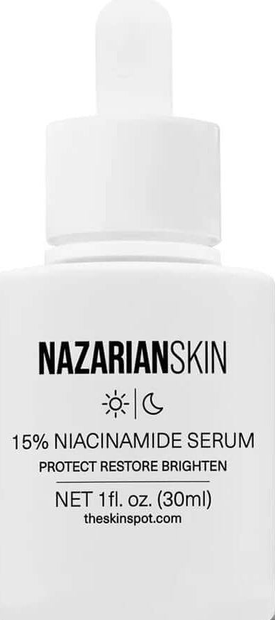 Close-up of NazarianSkin 15 niacinamide serum bottle designed to refine pores control oil and brighten uneven skin