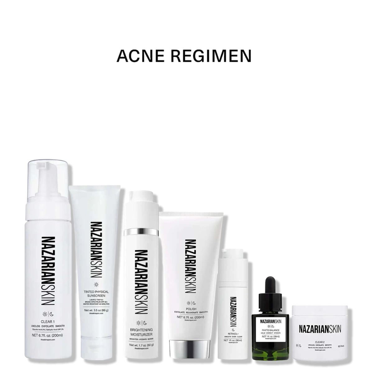 NazarianSkin Acne Regimen with glycolic acid, salicylic acid, retinol, sunscreen, polish, and moisturizer