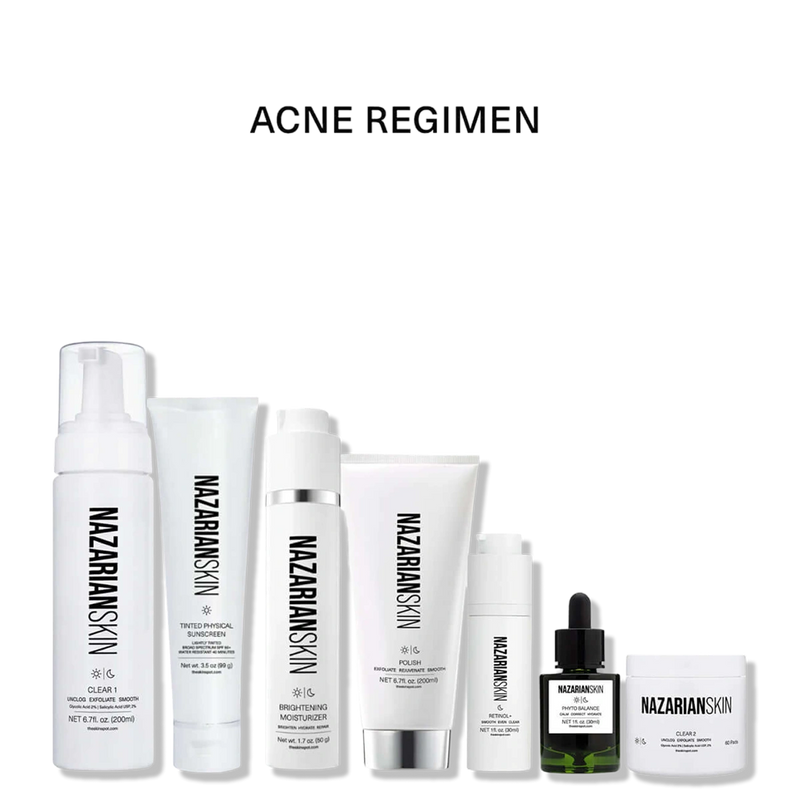 NazarianSkin Acne Regimen with glycolic acid, salicylic acid, retinol, sunscreen, polish, and moisturizer