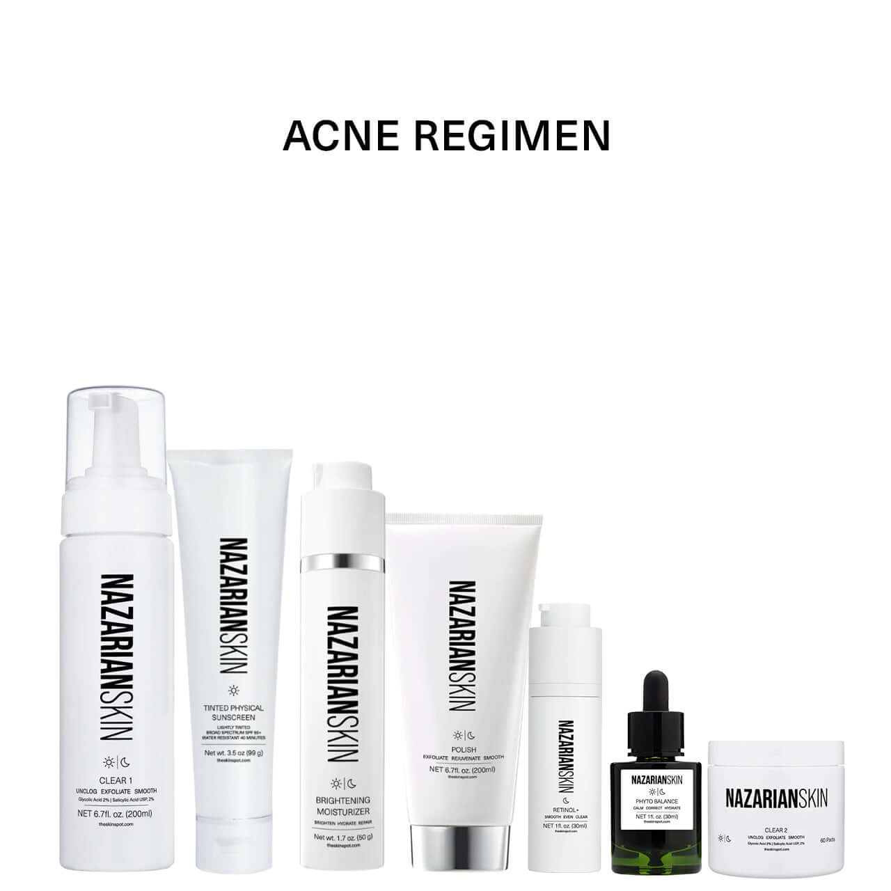 NazarianSkin acne regimen skincare kit with niacinamide salicylic acid and retinol designed to reduce breakouts and oil