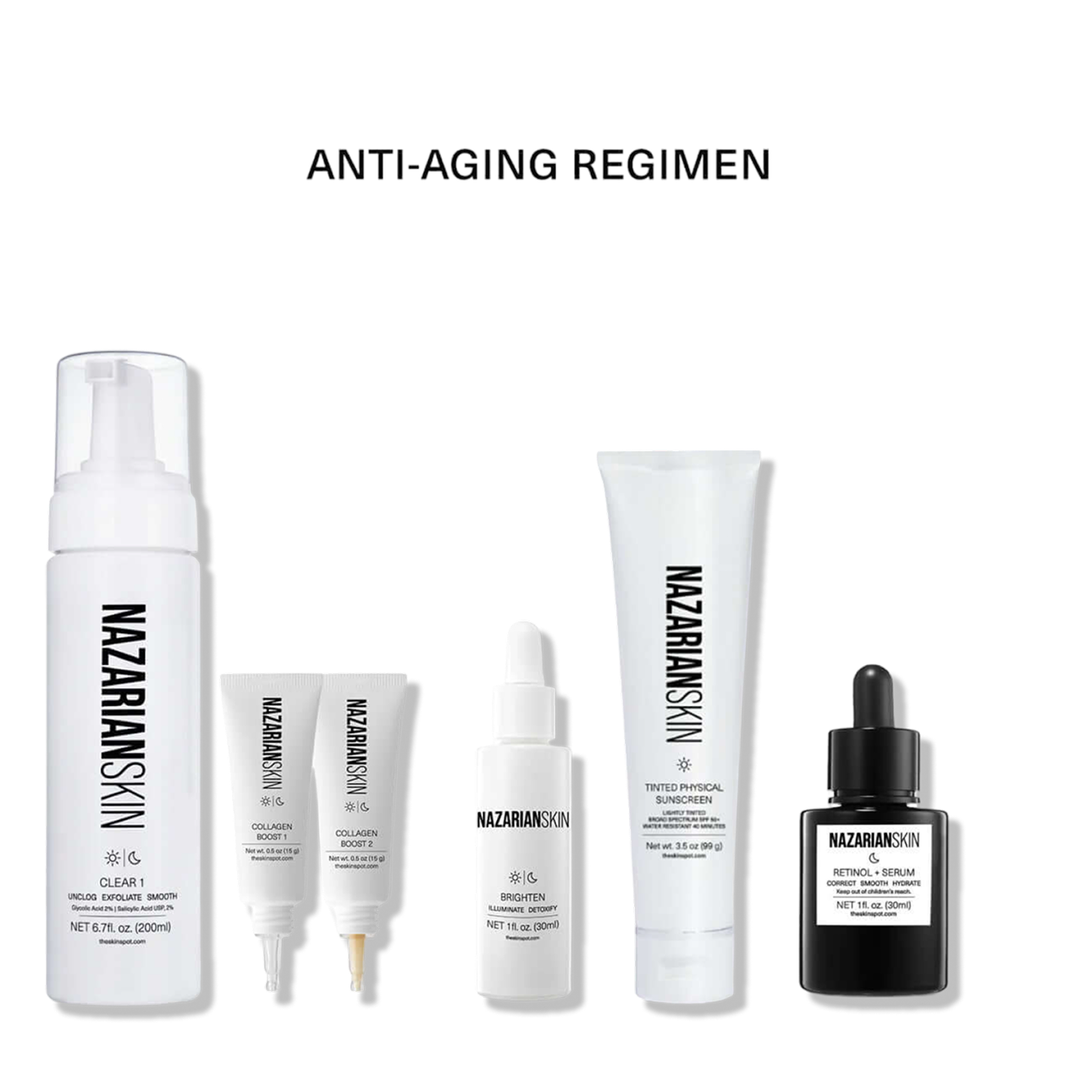 NazarianSkin Anti-Aging Regimen with retinol, collagen boosters, brightening serum, cleanser, and sunscreen