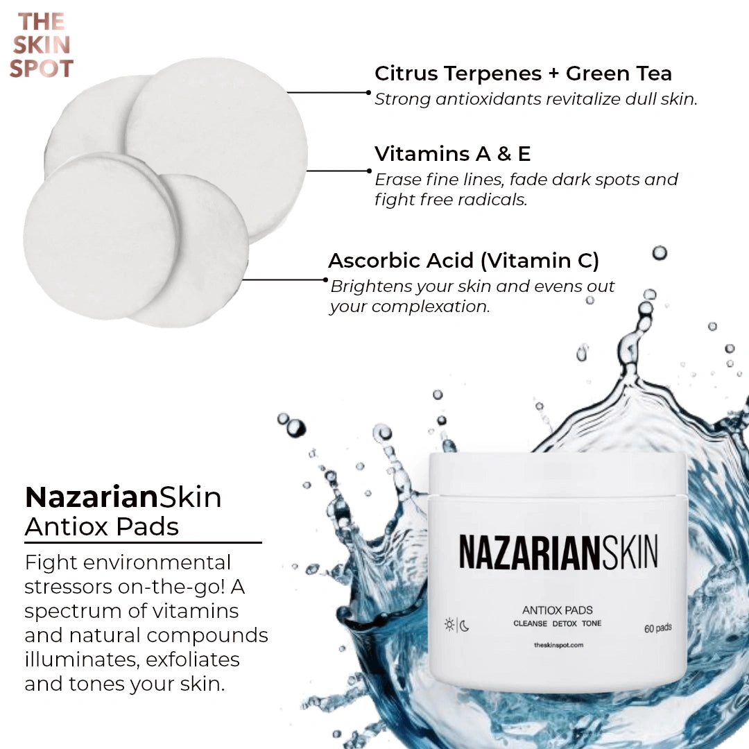 NazarianSkin Antiox Pads with citrus terpenes green tea vitamin C antioxidants that cleanse exfoliate and brighten skin tone.