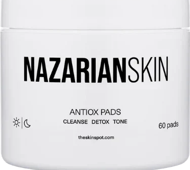 Close-up of NazarianSkin Antiox Tone and Cleanse pads container showing antioxidant exfoliating toner pads for clearer skin.