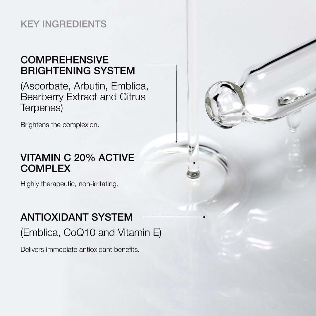 Key ingredients of NazarianSkin vitamin C serum showing antioxidant complex and brightening system for skin