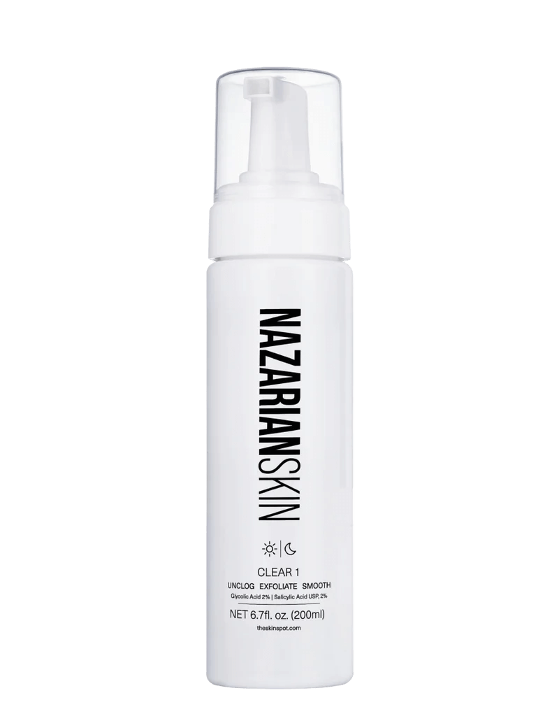 NazarianSkin Clear 1 Gly Sal cleanser with glycolic acid and salicylic acid that unclogs pores and improves skin clarity.