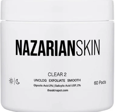 Close-up of NazarianSkin Clear 2 exfoliating pads container with glycolic acid and salicylic acid for acne prone skin.