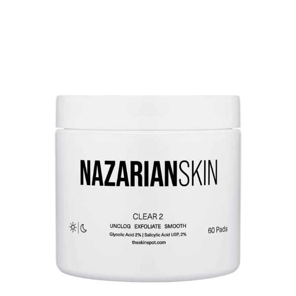 NazarianSkin Clear 2 Gly Sal exfoliating pads with glycolic acid and salicylic acid that unclog pores reduce acne breakouts.