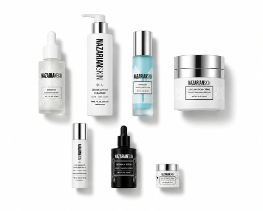 NazarianSkin Dry Skin Regimen with brightening serum, cleanser, HA Boost, creams, retinol, and sunscreen.