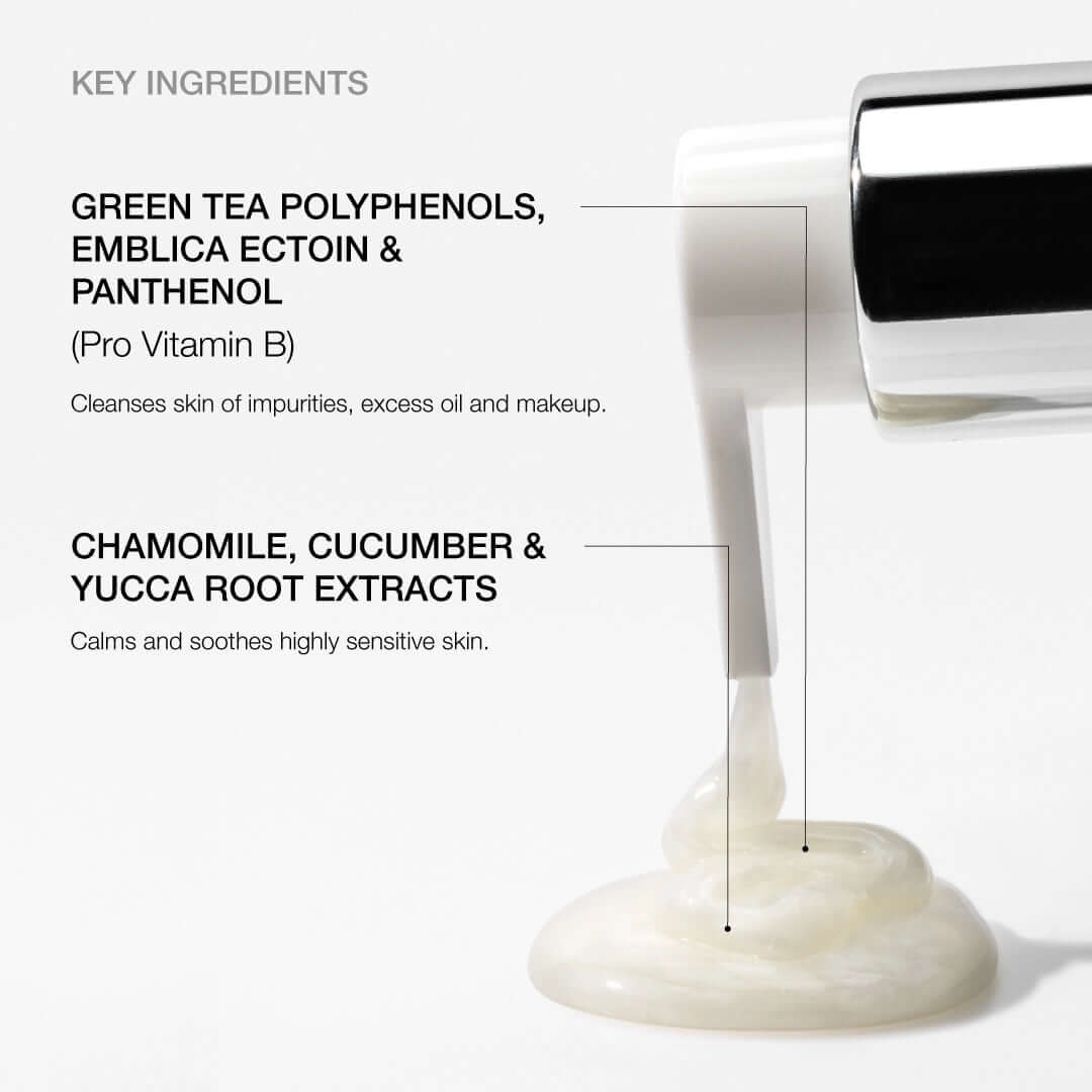 NazarianSkin gentle antioxidant cleanser ingredients with green tea chamomile cucumber and panthenol to soothe skin.