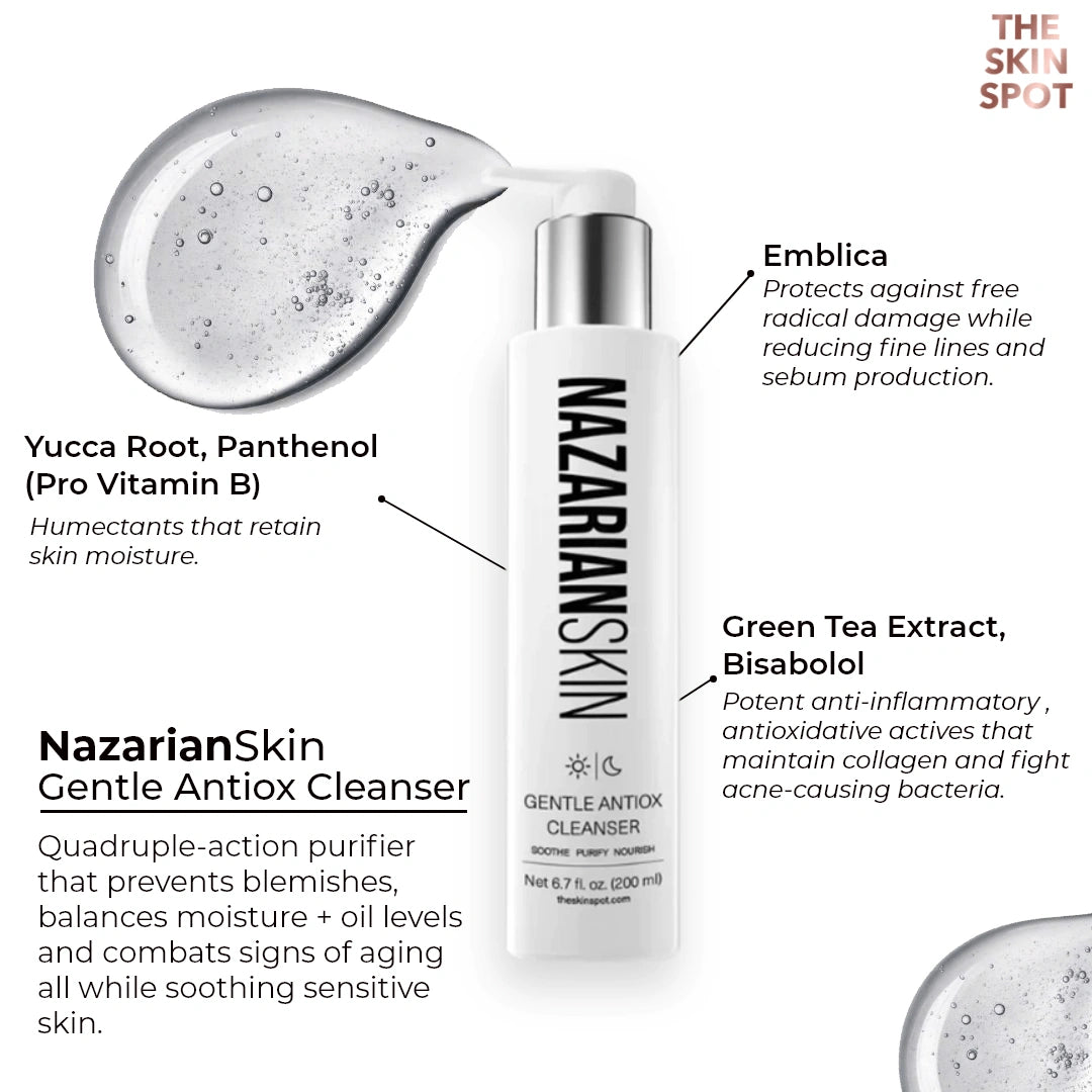 NazarianSkin gentle antioxidant cleanser with green tea and panthenol that purifies skin removes impurities.