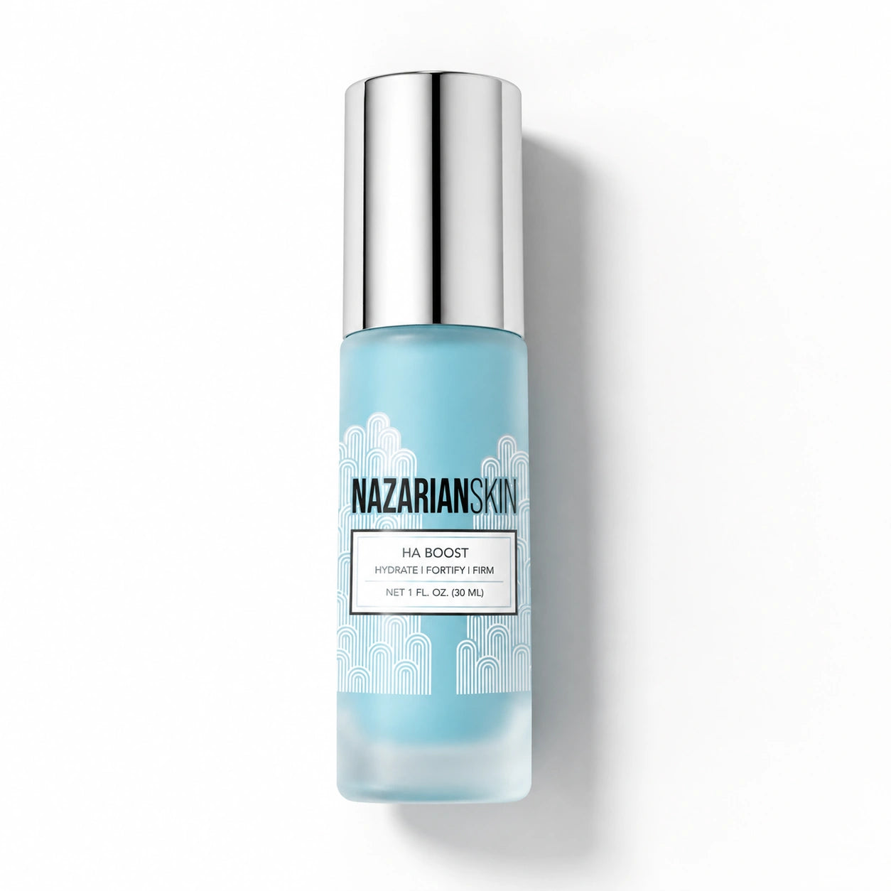 NazarianSkin HA Boost blue serum bottle for dry skin hydration, firming support, and fortified moisture barrier routine use.