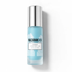 NazarianSkin HA Boost blue serum bottle for dry skin hydration, firming support, and fortified moisture barrier routine use.