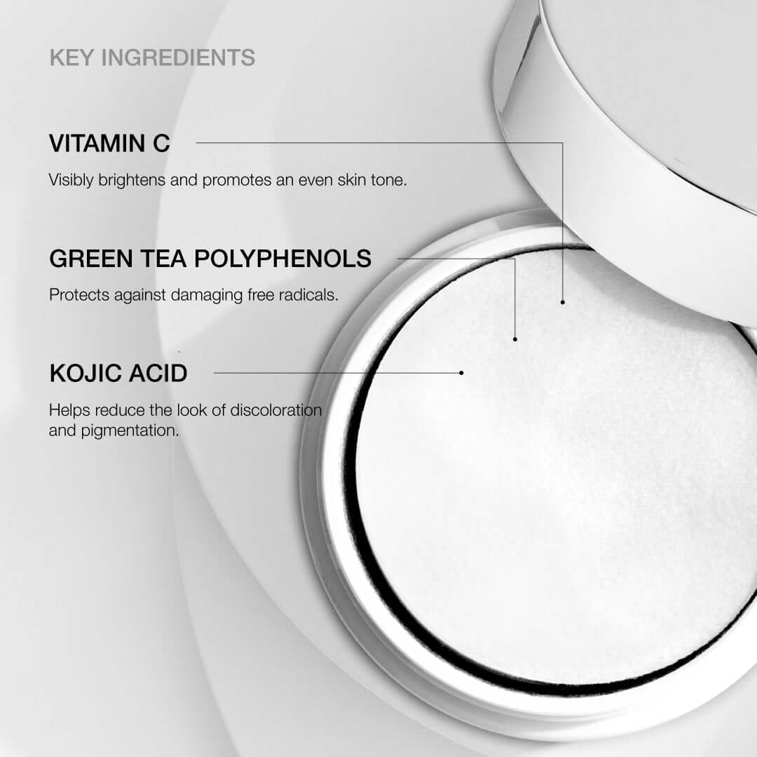 Key ingredients of NazarianSkin Illuminate brightening pads including vitamin C green tea polyphenols and kojic acid