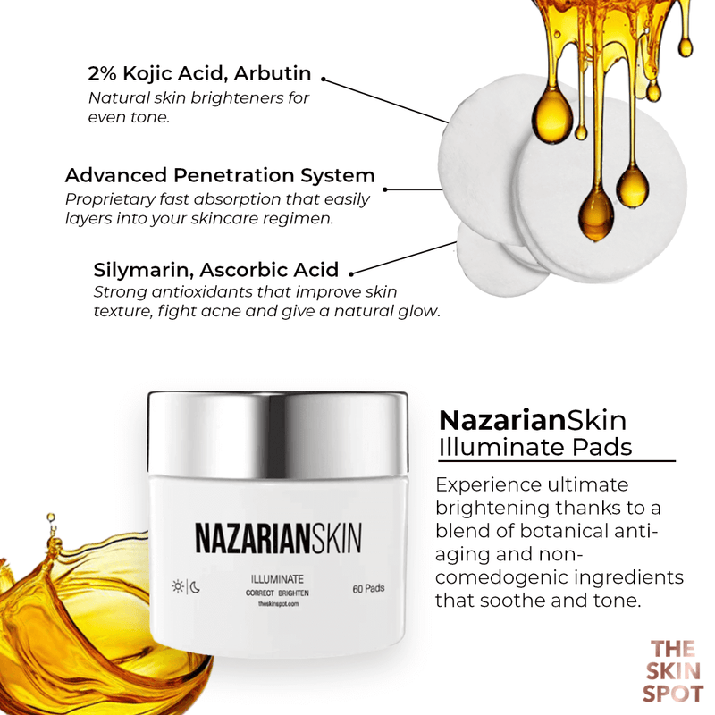 NazarianSkin Illuminate brightening pads with kojic acid glycolic acid and niacinamide to exfoliate skin and fade dark spots