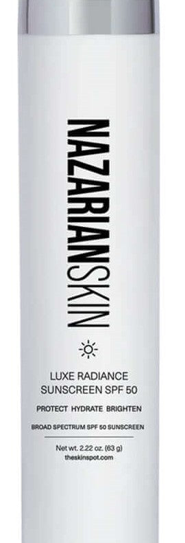 NazarianSkin Luxe Radiance SPF 50 sunscreen bottle with zinc oxide that protects skin from UV damage and enhances glow.