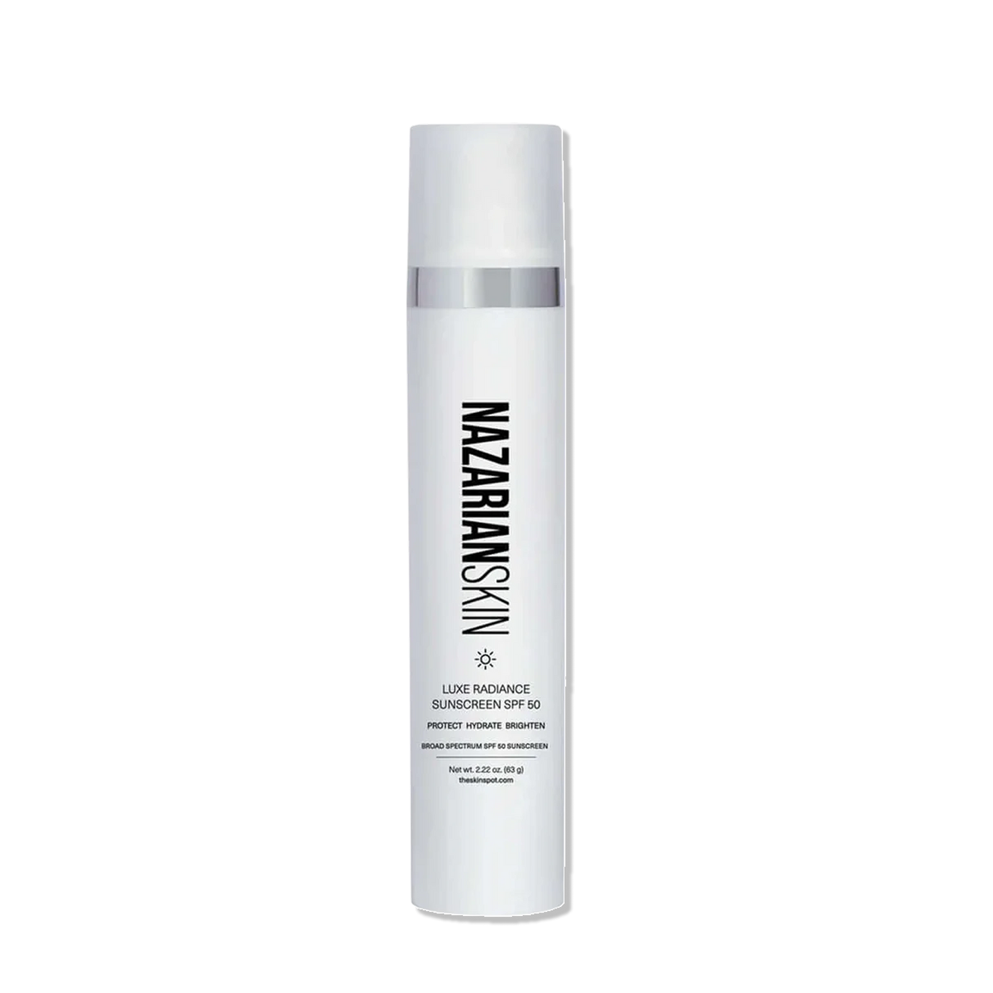 NAZARIANSKIN Luxe Radiance Sunscreen SPF 50 bottle for broad spectrum protection, hydration and brighter-looking skin.