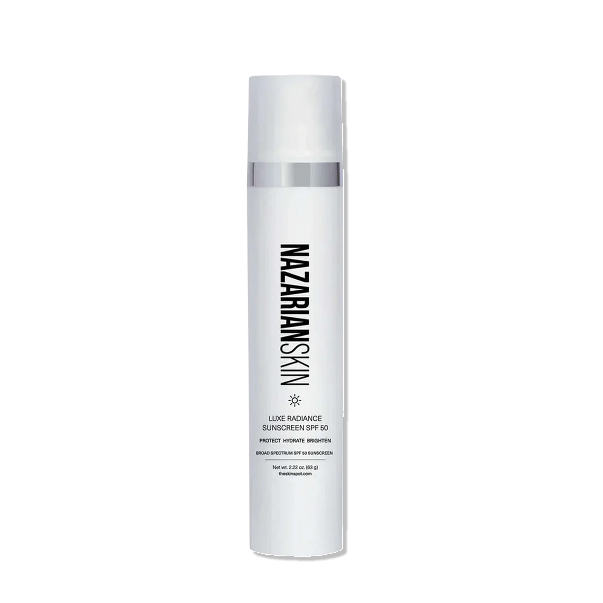 NAZARIANSKIN Luxe Radiance Sunscreen SPF 50 bottle for broad spectrum protection, hydration and brighter-looking skin.
