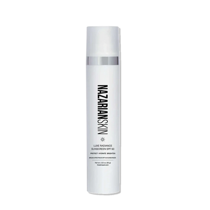 NAZARIANSKIN Luxe Radiance Sunscreen SPF 50 bottle for broad spectrum protection, hydration and brighter-looking skin.