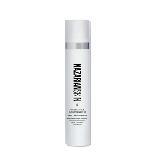 NAZARIANSKIN Luxe Radiance Sunscreen SPF 50 bottle for broad spectrum protection, hydration and brighter-looking skin.