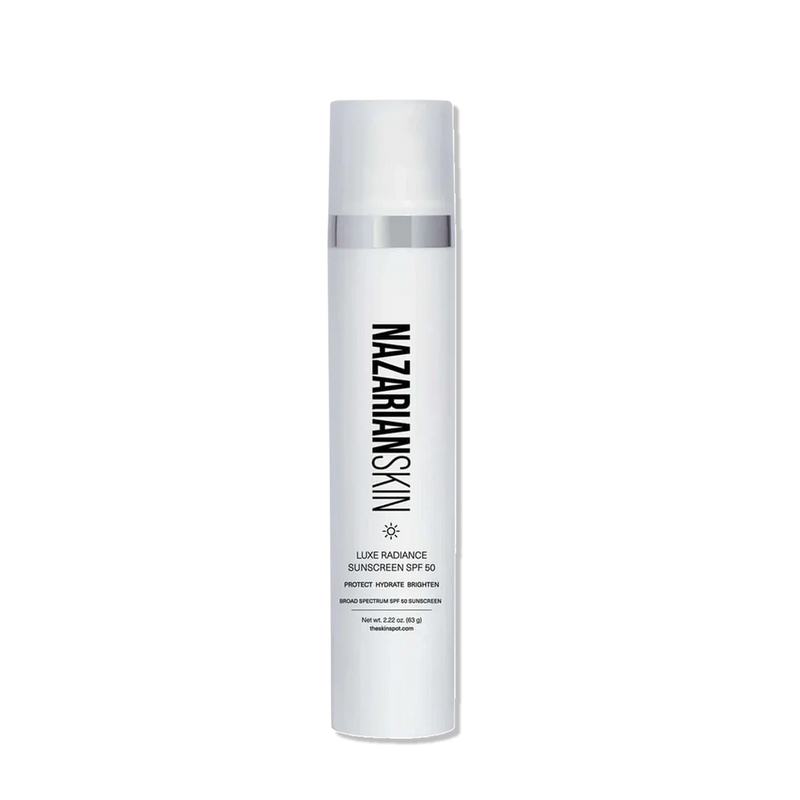 NAZARIANSKIN Luxe Radiance Sunscreen SPF 50 bottle for broad spectrum protection, hydration and brighter-looking skin.