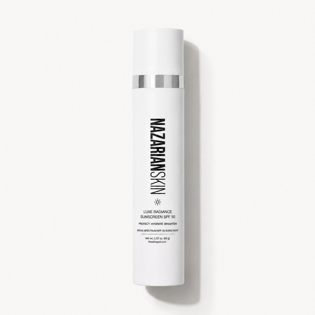 NazarianSkin Luxe Radiance Sunscreen SPF 50 bottle for daily sun protection, hydration, and brighter looking skin