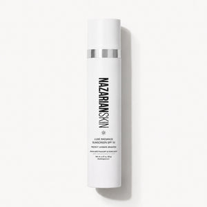 NazarianSkin Luxe Radiance Sunscreen SPF 50 bottle for daily sun protection, hydration, and brighter looking skin