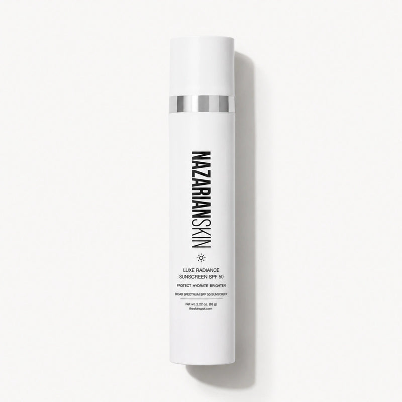 NazarianSkin Luxe Radiance Sunscreen SPF 50 bottle for daily sun protection, hydration, and brighter looking skin