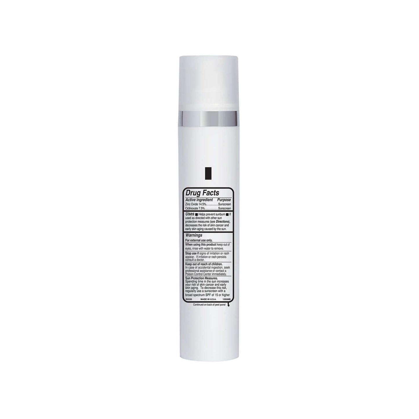 NazarianSkin Luxe Radiance Sunscreen SPF 50 drug facts label showing zinc oxide broad spectrum UV protection ingredients.