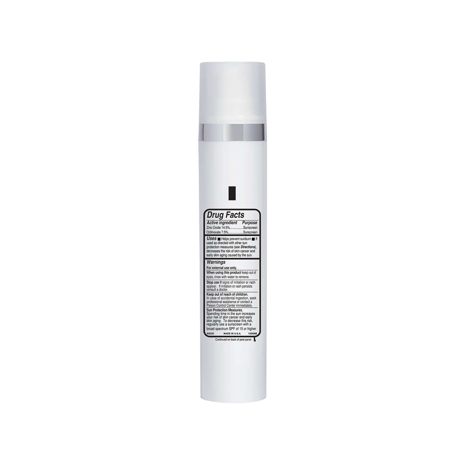 NazarianSkin Luxe Radiance Sunscreen SPF 50 drug facts label showing zinc oxide broad spectrum UV protection ingredients.