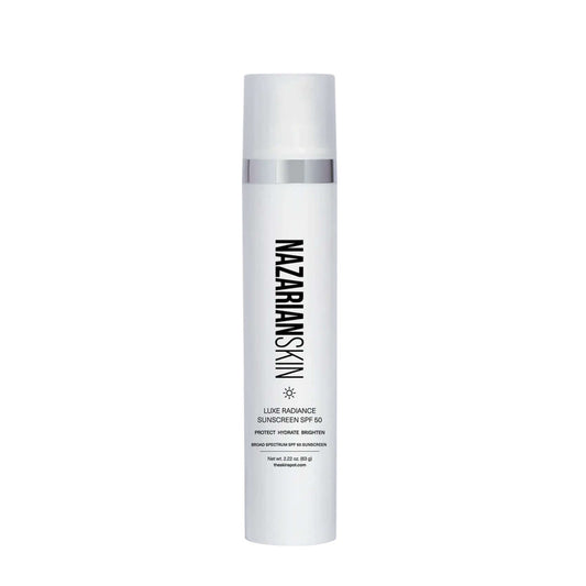 NazarianSkin Luxe Radiance Sunscreen SPF 50 with zinc oxide protects skin from UVA UVB damage while hydrating skin daily.
