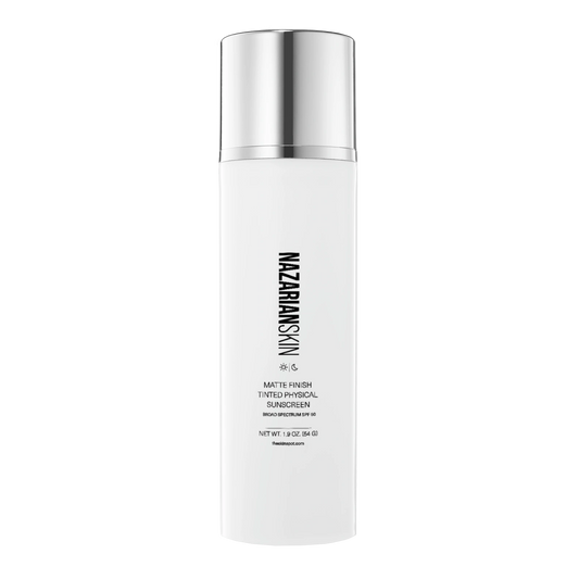 NazarianSkin Matte Finish Tinted Physical SPF50 Sunscreen with zinc oxide protects skin from UVA UVB while controlling shine.