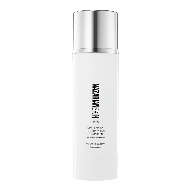 NazarianSkin Matte Finish Tinted Physical SPF50 Sunscreen with zinc oxide protects skin from UVA UVB while controlling shine.