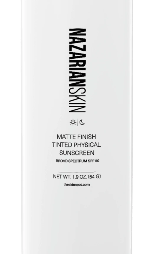 NazarianSkin Matte Finish Tinted Physical SPF50 Sunscreen front label showing mineral sunscreen for shine control daily.
