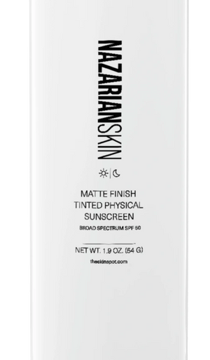 NazarianSkin Matte Finish Tinted Physical SPF50 Sunscreen front label showing mineral sunscreen for shine control daily.