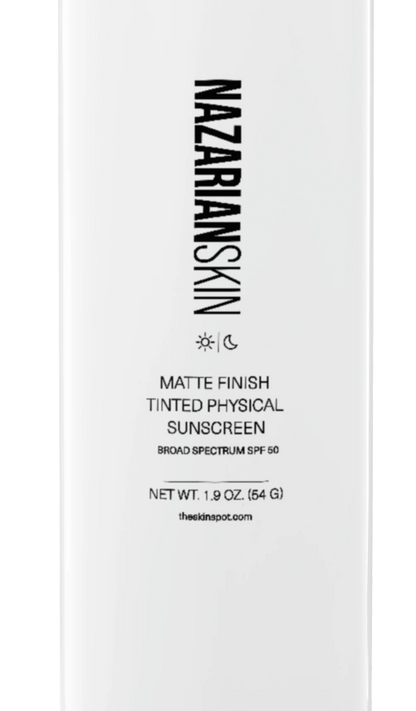 NazarianSkin Matte Finish Tinted Physical SPF50 Sunscreen front label showing mineral sunscreen for shine control daily.