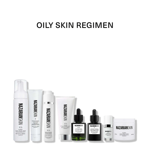 NazarianSkin Oily Skin Regimen with retinol serum, Phyto Balance and Clear 2 pads for oily acne-prone skin.