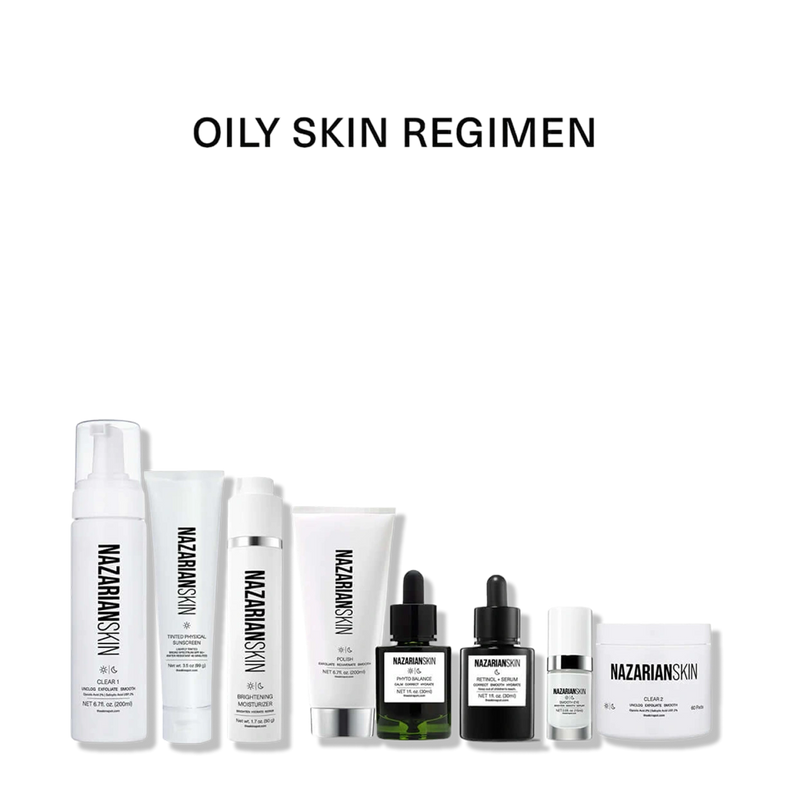 NazarianSkin Oily Skin Regimen with retinol serum, Phyto Balance and Clear 2 pads for oily acne-prone skin.