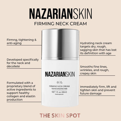 NazarianSkin Peptide Neck Cream improves elasticity, reduces wrinkles, and firms neck area with peptides and botanical extracts.