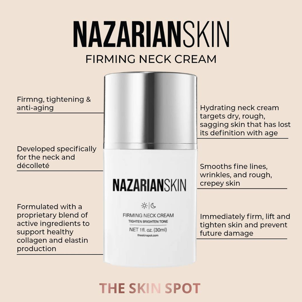 NazarianSkin Peptide Neck Cream improves elasticity, reduces wrinkles, and firms neck area with peptides and botanical extracts.