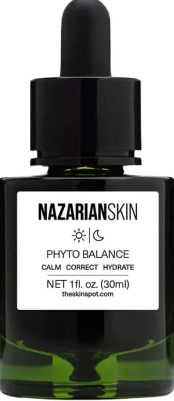 NazarianSkin Phyto Balance Serum front label showing calming botanical formula that helps balance oil and soothe skin.
