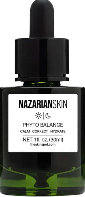 NazarianSkin Phyto Balance Serum front label showing calming botanical formula that helps balance oil and soothe skin.