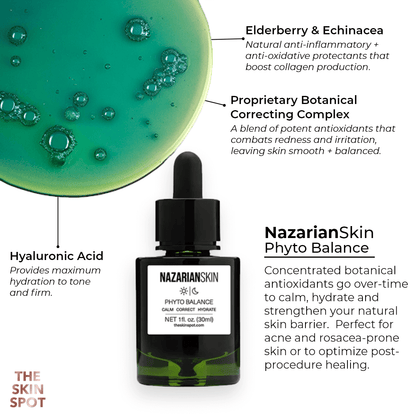 NazarianSkin Phyto Balance Serum ingredients showing elderberry echinacea hyaluronic acid botanical complex for calm skin.