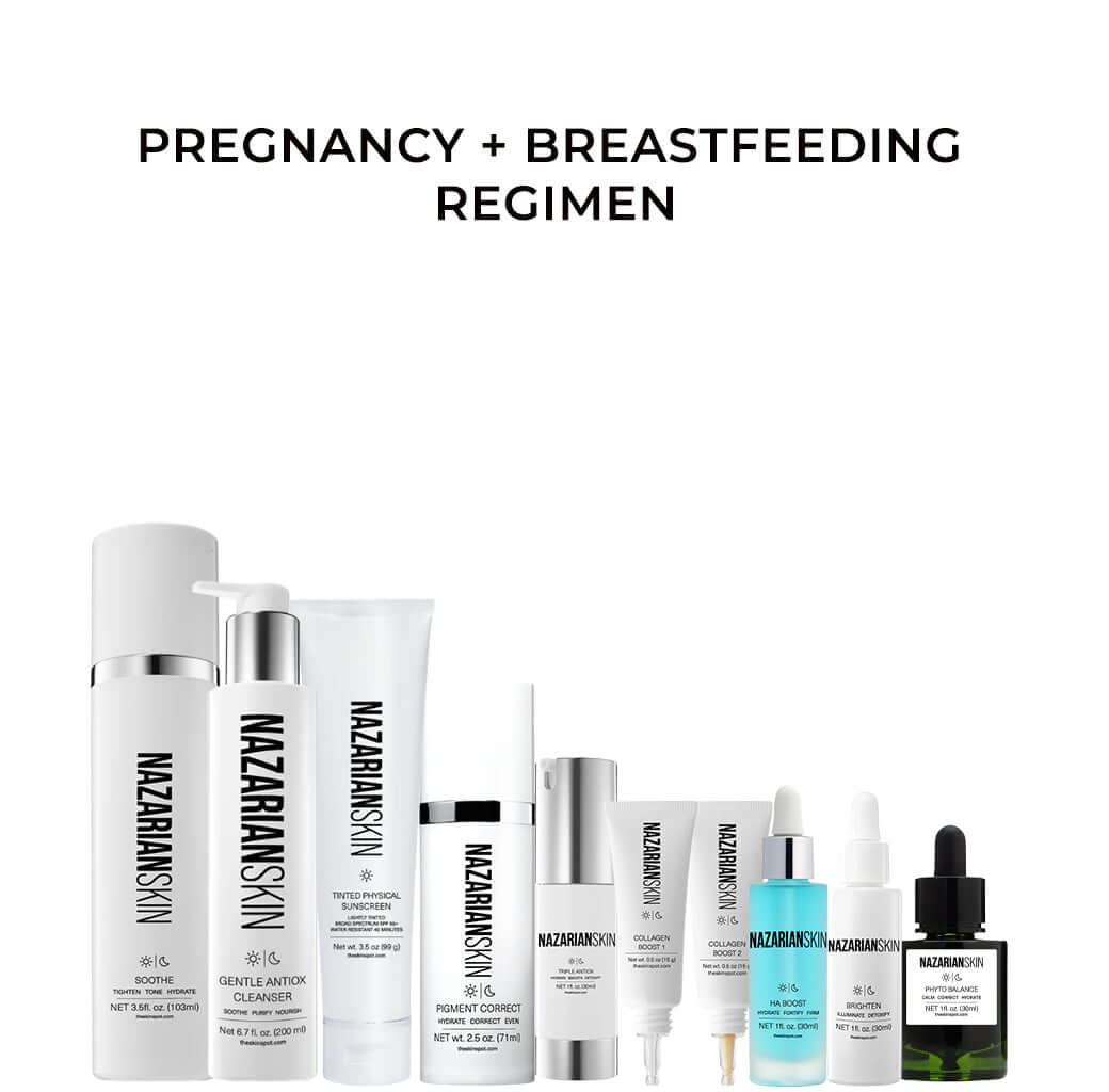 NazarianSkin pregnancy breastfeeding skincare regimen bundle with cleanser serum moisturizer sunscreen safe routine.