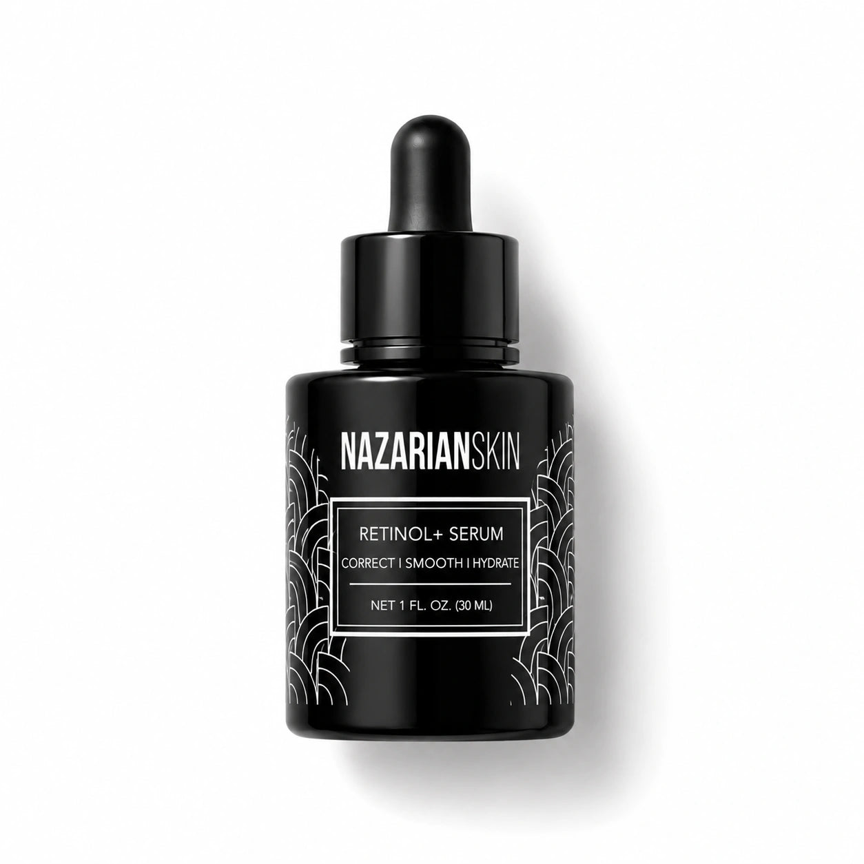 NazarianSkin Retinol+ Serum black bottle for dry skin texture, smoothing, hydration, and nighttime skin renewal routine use