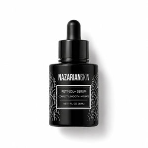 NazarianSkin Retinol+ Serum black bottle for dry skin texture, smoothing, hydration, and nighttime skin renewal routine use