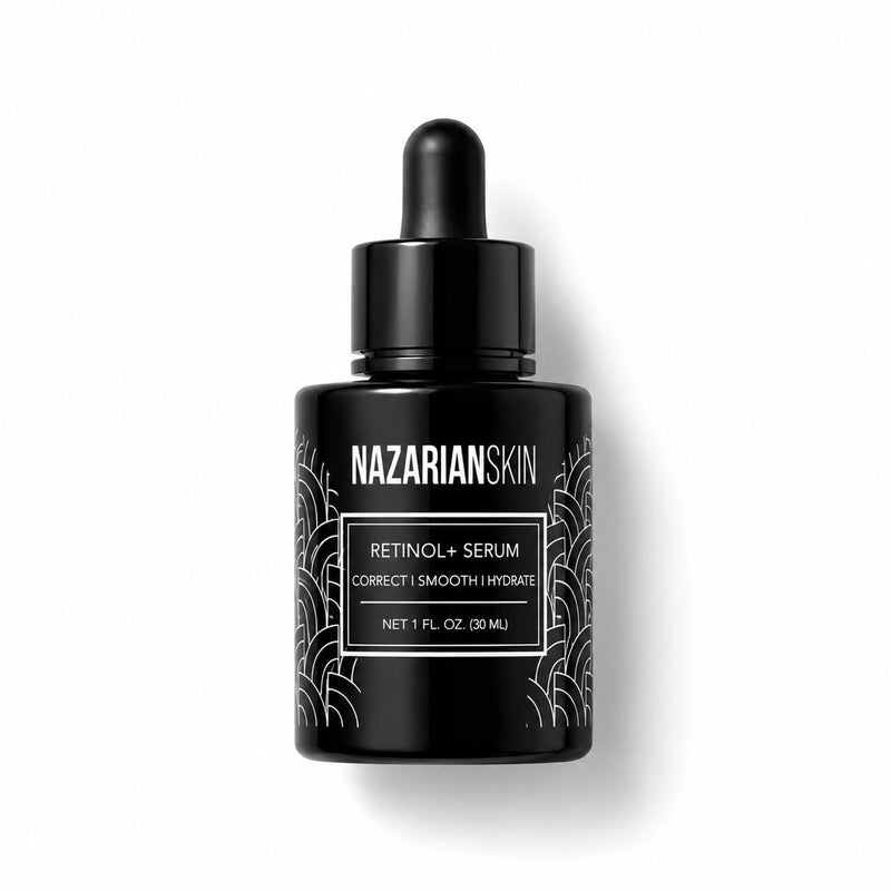 NazarianSkin Retinol+ Serum black bottle for dry skin texture, smoothing, hydration, and nighttime skin renewal routine use