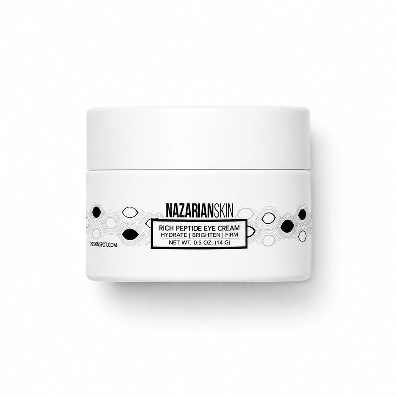 NazarianSkin Rich Peptide Eye Cream jar for dry skin eye care, hydration, brightening, and firmer looking under eyes